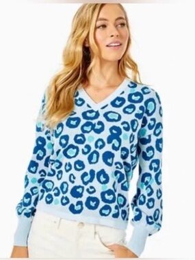 Lilly Pulitzer Jasmina Sweater Skim Blue Don’t Be A Cheetah